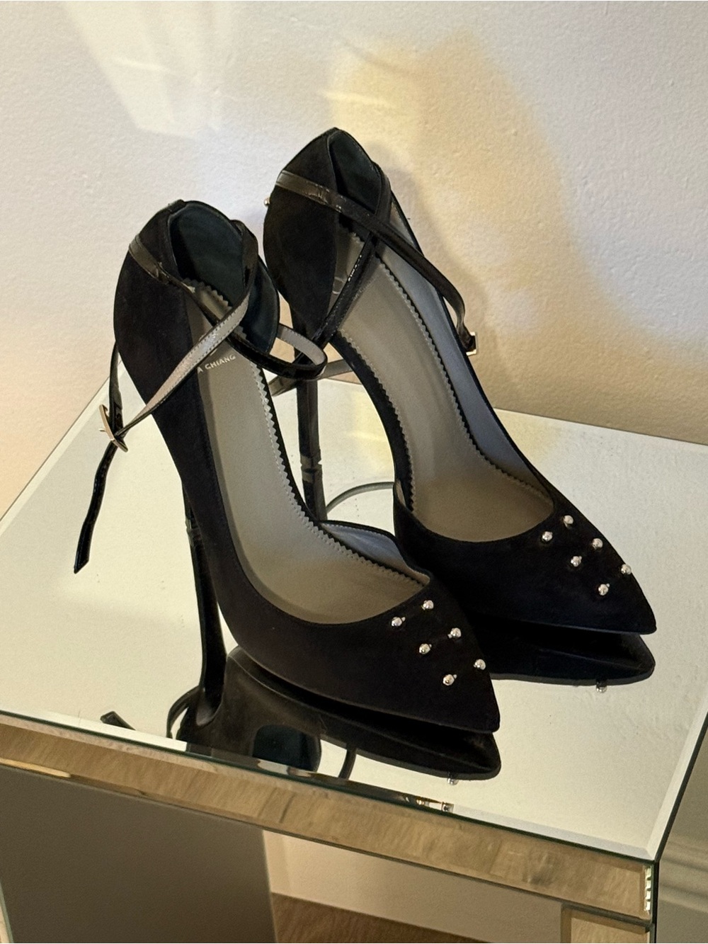 Monika Chiang Black Pointed Suede Stiletto Heels with Ankle Straps